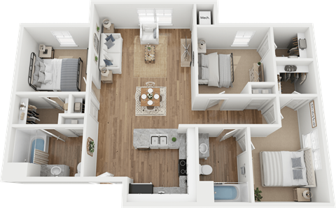 Floor plan for 3 beds, 2 baths, 1133 sqft